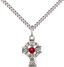 [4133SS-STN7/18S] Sterling Silver Celtic Cross Pendant with a 3mm Ruby Swarovski stone on a 18 inch Light Rhodium Light Curb chain