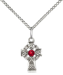 [4133SS-STN7/18SS] Sterling Silver Celtic Cross Pendant with a 3mm Ruby Swarovski stone on a 18 inch Sterling Silver Light Curb chain