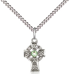 [4133SS-STN8/18S] Sterling Silver Celtic Cross Pendant with a 3mm Peridot Swarovski stone on a 18 inch Light Rhodium Light Curb chain