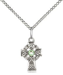 [4133SS-STN8/18SS] Sterling Silver Celtic Cross Pendant with a 3mm Peridot Swarovski stone on a 18 inch Sterling Silver Light Curb chain