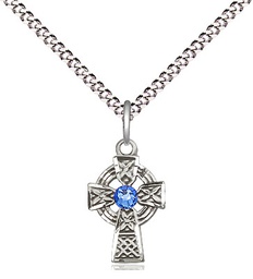 [4133SS-STN9/18S] Sterling Silver Celtic Cross Pendant with a 3mm Sapphire Swarovski stone on a 18 inch Light Rhodium Light Curb chain