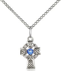 [4133SS-STN9/18SS] Sterling Silver Celtic Cross Pendant with a 3mm Sapphire Swarovski stone on a 18 inch Sterling Silver Light Curb chain