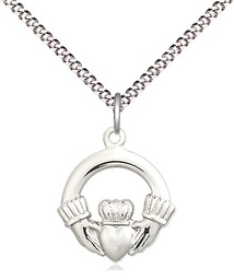 [4138SS/18S] Sterling Silver Claddagh Pendant on a 18 inch Light Rhodium Light Curb chain