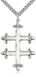 [5996SS/24S] Sterling Silver Cross of Lorraine Pendant on a 24 inch Light Rhodium Heavy Curb chain