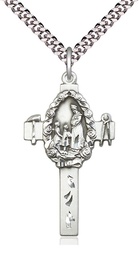 [6028SS/24S] Sterling Silver Cross Pendant on a 24 inch Light Rhodium Heavy Curb chain