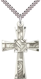 [6032SS/24S] Sterling Silver Mosaic Cross Pendant on a 24 inch Light Rhodium Heavy Curb chain