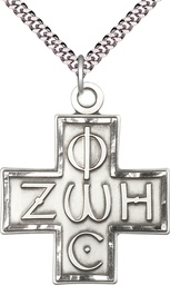 [6075SS/24S] Sterling Silver Light &amp; Life Cross Pendant on a 24 inch Light Rhodium Heavy Curb chain