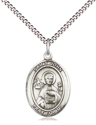 [8056SS/18S] Sterling Silver Saint John the Apostle Pendant on a 18 inch Light Rhodium Light Curb chain