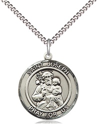 [8058RDSS/18S] Sterling Silver Saint Joseph Pendant on a 18 inch Light Rhodium Light Curb chain