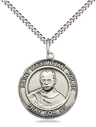 [8073RDSS/18S] Sterling Silver Saint Maximilian Kolbe Pendant on a 18 inch Light Rhodium Light Curb chain