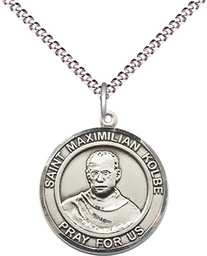 [8073RDSS/18S] Sterling Silver Saint Maximilian Kolbe Pendant on a 18 inch Light Rhodium Light Curb chain