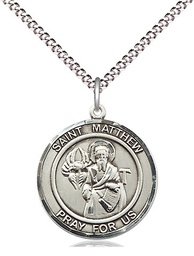 [8074RDSS/18S] Sterling Silver Saint Matthew the Apostle Pendant on a 18 inch Light Rhodium Light Curb chain