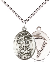 [8076SS7/18S] Sterling Silver Saint Michael Paratrooper Pendant on a 18 inch Light Rhodium Light Curb chain