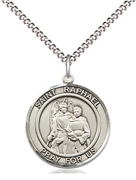 [8092RDSS/18S] Sterling Silver Saint Raphael the Archangel Pendant on a 18 inch Light Rhodium Light Curb chain