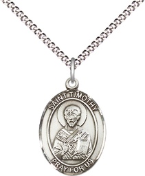 [8105SS/18S] Sterling Silver Saint Timothy Pendant on a 18 inch Light Rhodium Light Curb chain