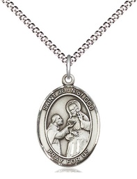 [8112SS/18S] Sterling Silver Saint John of God Pendant on a 18 inch Light Rhodium Light Curb chain