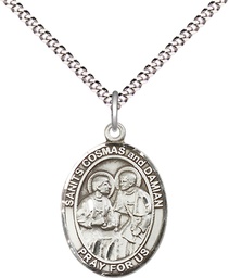 [8132SS/18S] Sterling Silver Saints Cosmas &amp; Damian Pendant on a 18 inch Light Rhodium Light Curb chain