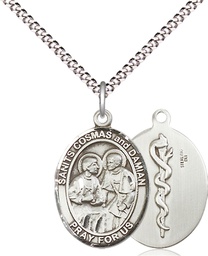 [8132SS8/18S] Sterling Silver Saints Cosmas &amp; Damian Doctors Pendant on a 18 inch Light Rhodium Light Curb chain