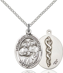 [8132SS8/18SS] Sterling Silver Saints Cosmas &amp; Damian Doctors Pendant on a 18 inch Sterling Silver Light Curb chain