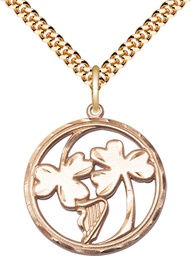 [5104GF/24G] 14kt Gold Filled Irish Shamrock Harp Pendant on a 24 inch Gold Plate Heavy Curb chain