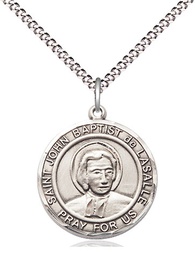 [8262RDSS/18S] Sterling Silver Saint John Baptist de la Salle Pendant on a 18 inch Light Rhodium Light Curb chain