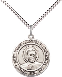 [8262RDSS/18S] Sterling Silver Saint John Baptist de la Salle Pendant on a 18 inch Light Rhodium Light Curb chain