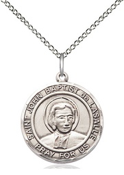 [8262RDSS/18SS] Sterling Silver Saint John Baptist de la Salle Pendant on a 18 inch Sterling Silver Light Curb chain