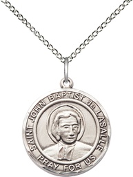 [8262RDSS/18SS] Sterling Silver Saint John Baptist de la Salle Pendant on a 18 inch Sterling Silver Light Curb chain