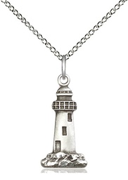 [5922SS/18SS] Sterling Silver Lighthouse Pendant on a 18 inch Sterling Silver Light Curb chain