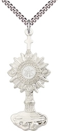 [6099SS/24S] Sterling Silver Monstrance Pendant on a 24 inch Light Rhodium Heavy Curb chain