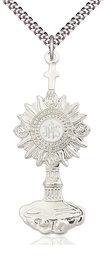 [6099SS/24S] Sterling Silver Monstrance Pendant on a 24 inch Light Rhodium Heavy Curb chain