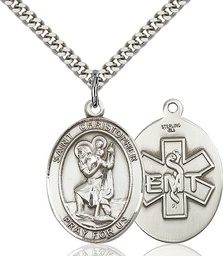 [7022SS10/24S] Sterling Silver Saint Christopher EMT Pendant on a 24 inch Light Rhodium Heavy Curb chain