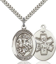 [7040SS10/24S] Sterling Silver Saint George EMT Pendant on a 24 inch Light Rhodium Heavy Curb chain