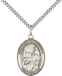 [8288SS/18S] Sterling Silver Our Lady of Lourdes Pendant on a 18 inch Light Rhodium Light Curb chain