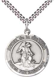 [7118RDSPSS/24S] Sterling Silver Angel de la Guarda Pendant on a 24 inch Light Rhodium Heavy Curb chain