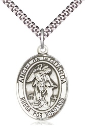 [7118SPSS/24S] Sterling Silver Angel de la Guarda Pendant on a 24 inch Light Rhodium Heavy Curb chain