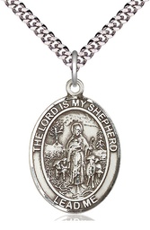 [7119SS/24S] Sterling Silver Lord Is My Shepherd Pendant on a 24 inch Light Rhodium Heavy Curb chain