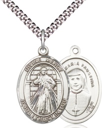 [7366SS/24S] Sterling Silver Divine Mercy Pendant on a 24 inch Light Rhodium Heavy Curb chain