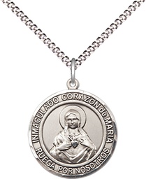 [8337RDSPSS/18S] Sterling Silver Corazon Inmaculado de Maria Pendant on a 18 inch Light Rhodium Light Curb chain