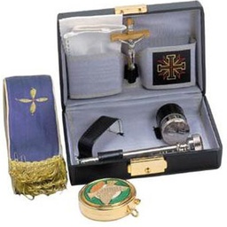 [K-416] Sick Call Set.  5-7/8? x 4-1/4? x 2? hard case, gold plated 2? dia. pyx (7 host cap.), 1? dia. oil stock, 5? sprinkler, 55? x 2? reversible stole, 31/8?H. crucifix, finger cloth.