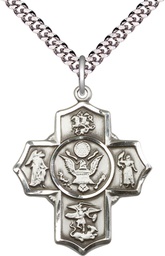 [5790SS2/24S] Sterling Silver 5-Way Army Pendant on a 24 inch Light Rhodium Heavy Curb chain
