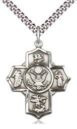 [5790SS2/24S] Sterling Silver 5-Way Army Pendant on a 24 inch Light Rhodium Heavy Curb chain