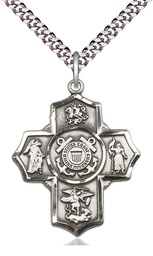 [5790SS3/24S] Sterling Silver 5-Way Coast Guard Pendant on a 24 inch Light Rhodium Heavy Curb chain