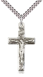 [0674SS/24S] Sterling Silver Crucifix Pendant on a 24 inch Light Rhodium Heavy Curb chain