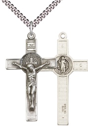 [0645SS/24S] Sterling Silver Saint Benedict Crucifix Pendant on a 24 inch Light Rhodium Heavy Curb chain