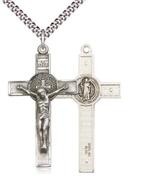 [0645SS/24S] Sterling Silver Saint Benedict Crucifix Pendant on a 24 inch Light Rhodium Heavy Curb chain