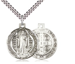 [0027BSS/24S] Sterling Silver Saint Benedict Pendant on a 24 inch Light Rhodium Heavy Curb chain