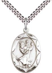[0801CSS/24S] Sterling Silver Saint Christopher Pendant on a 24 inch Light Rhodium Heavy Curb chain