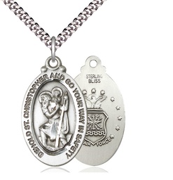 [4145SS1/24S] Sterling Silver Saint Christopher Air Force Pendant on a 24 inch Light Rhodium Heavy Curb chain