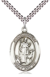 [7045SS/24S] Sterling Silver Saint Hubert of Liege Pendant on a 24 inch Light Rhodium Heavy Curb chain